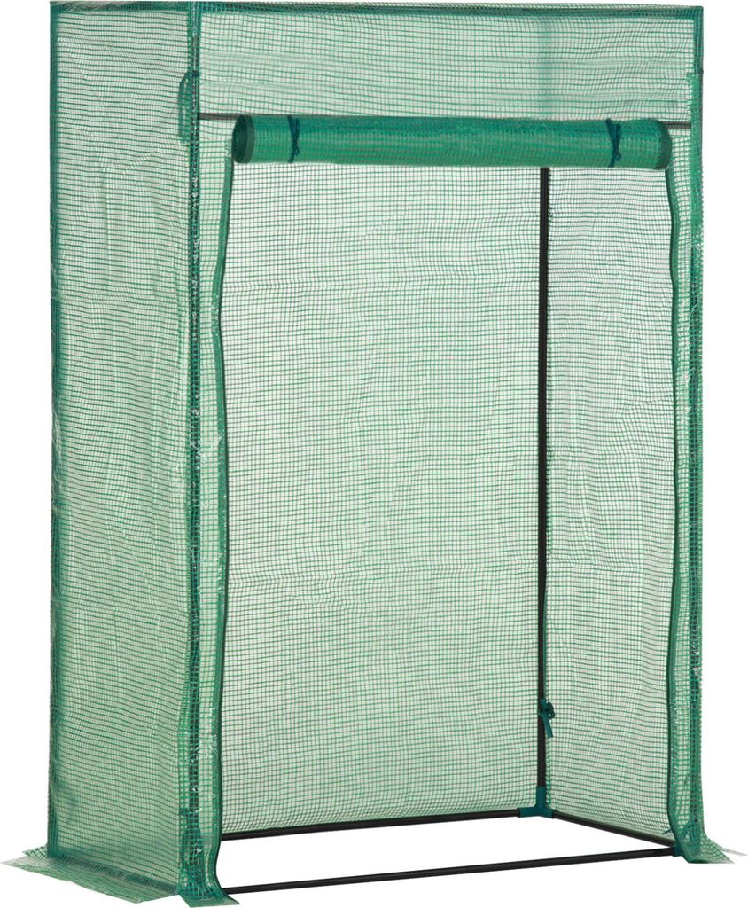 A green greenhouse with a roll-up door.