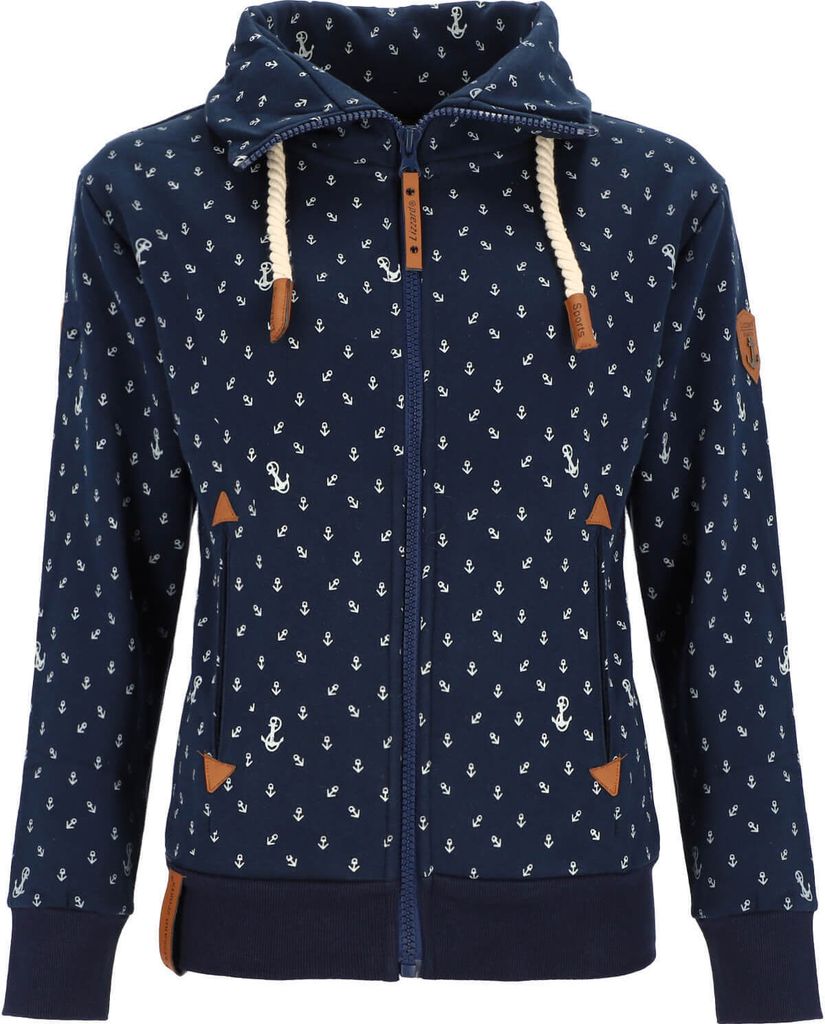 Lizzard Sports Damen Sweatjacke mit Anker-Allover-Print - Maritime Jacke mit Stehkragen in Navy Größe S
