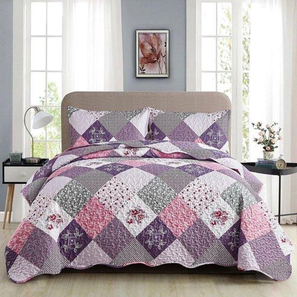 Famanu Sprei Patchwork 240 x 260 cm - bedsprei 250 x 270 cm für Doppelbett - gewattektes Patchworkdecken-Set für Winter - inklusive 2 Kissenbezü...