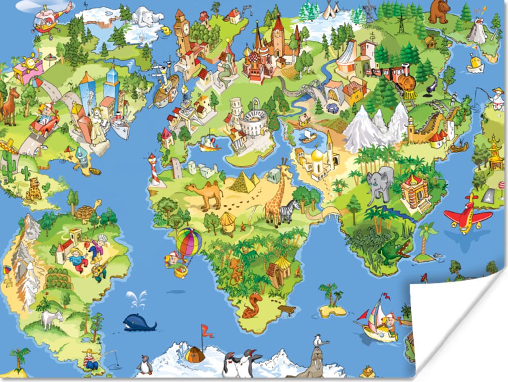 MuchoWow Poster Weltkarte - Kinder - Natur - Tiere - Blau - Grün 160x120 cm - Foto Plakat