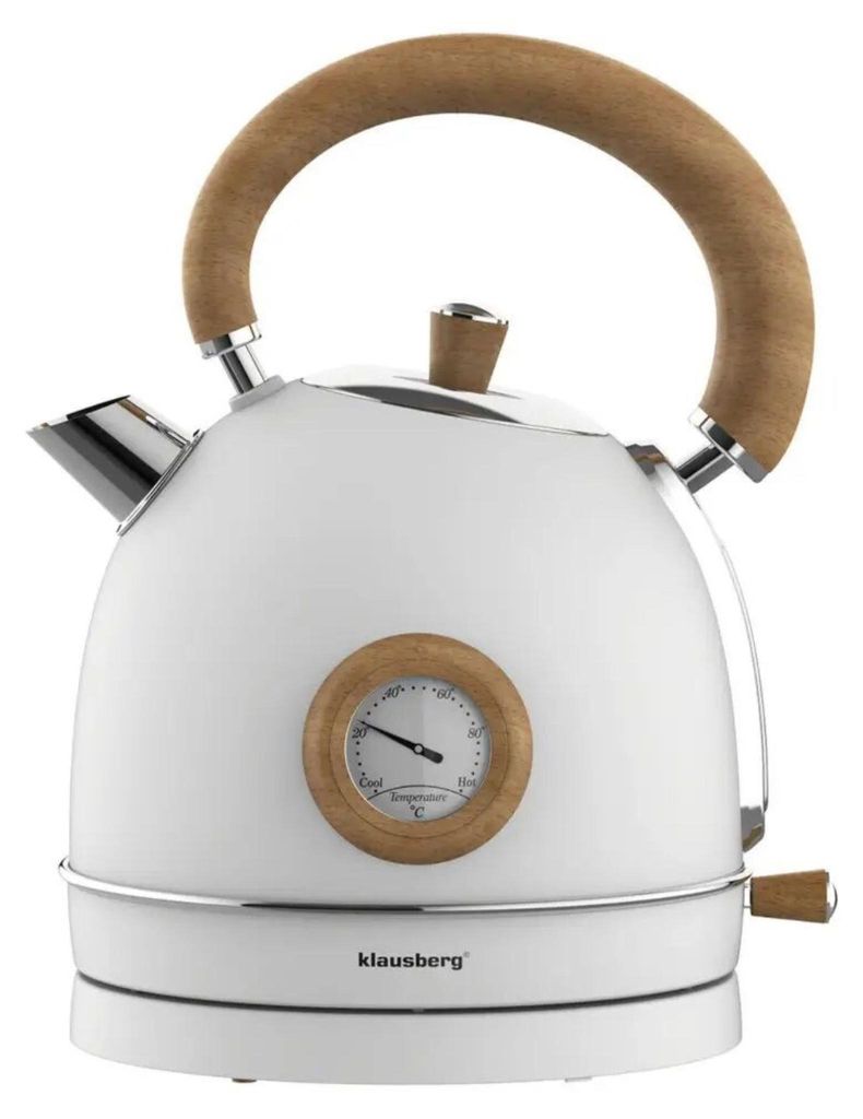 Wasserkocher KB-9007 1,8 L Edelstahl Retro Weiß mit Holzelementen und Thermometer