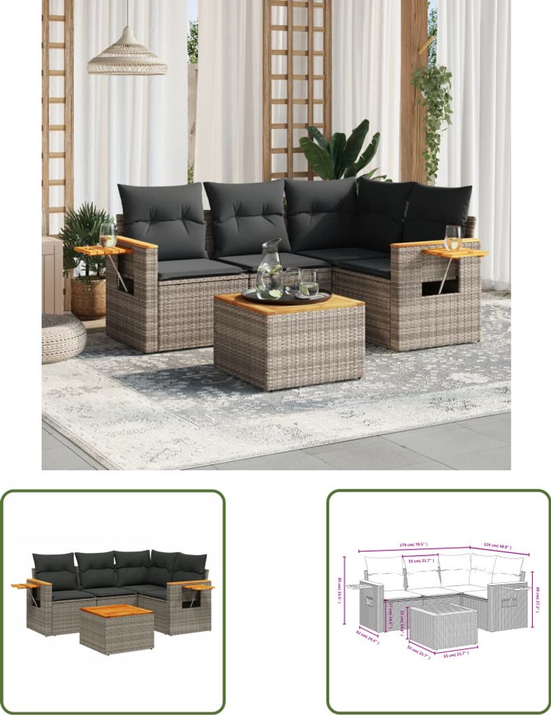The Living Store 5-tlg. Garten-Sofagarnitur mit Kissen Grau Poly Rattan