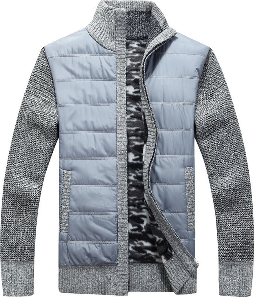 ASKSA Herren Stehkragen Strickjacke Warm Fleece Gestrickt Cardigan Wintermantel mit Reissverschluss Mantel, Hellgrau, L