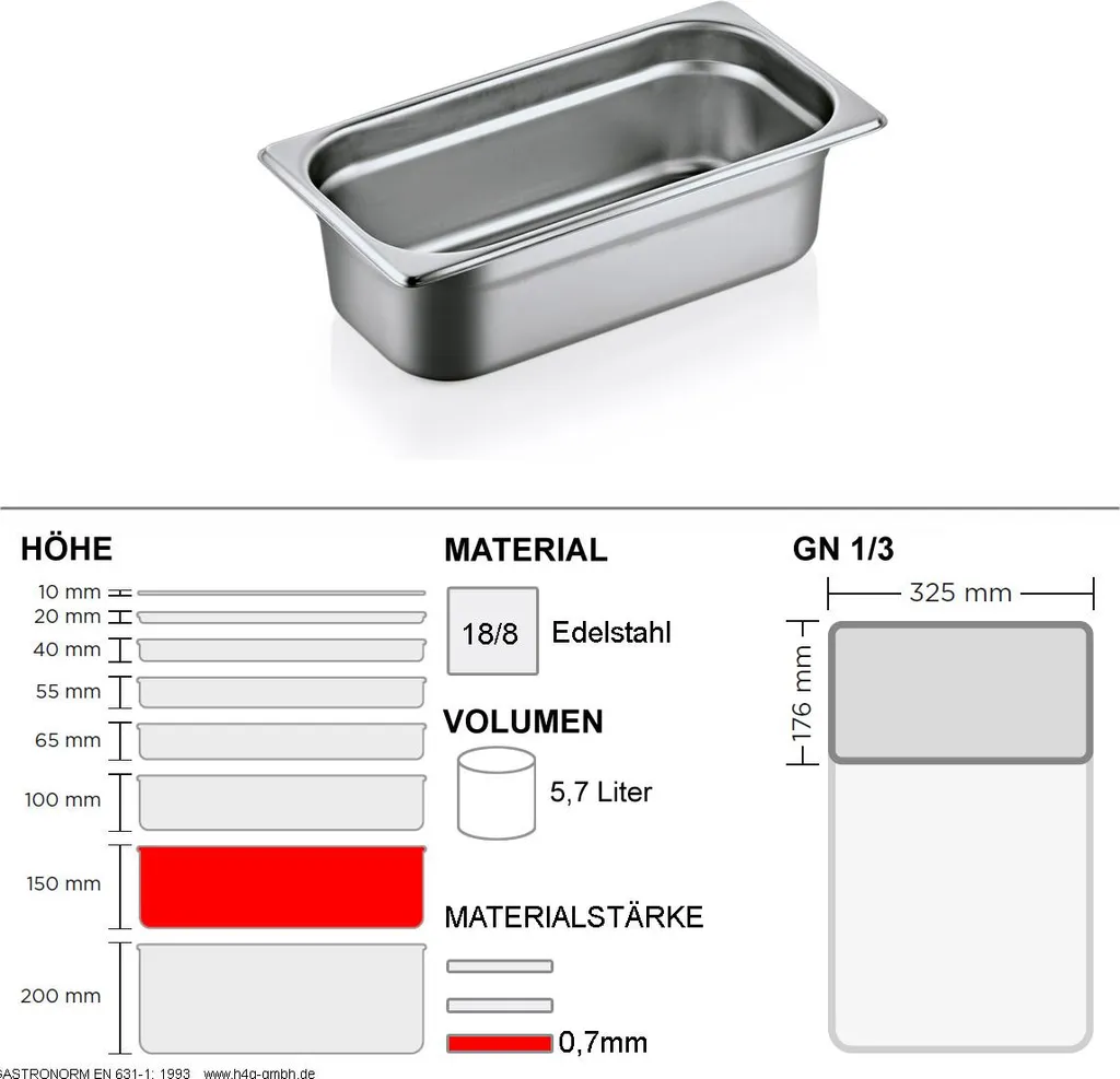 Bacinella Gastronorm GN 1/3 Acciaio Inox 18/8 150mm - Standard GN90