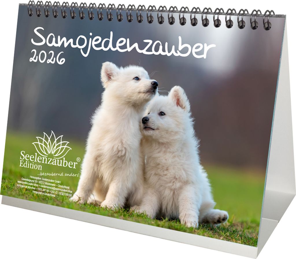 Samojedenzauber DIN A5 Tischkalender für 2026 Welpen und Hunde - Seelenzauber