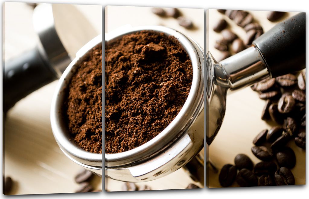 Leinwandbild 3-teilig (120x80cm): Wandbild Küchendeko Kaffee Cappuccino Kaffeebohnen Siebträger, echter Holz-Keilrahmen inkl. Aufhänger, handgef...