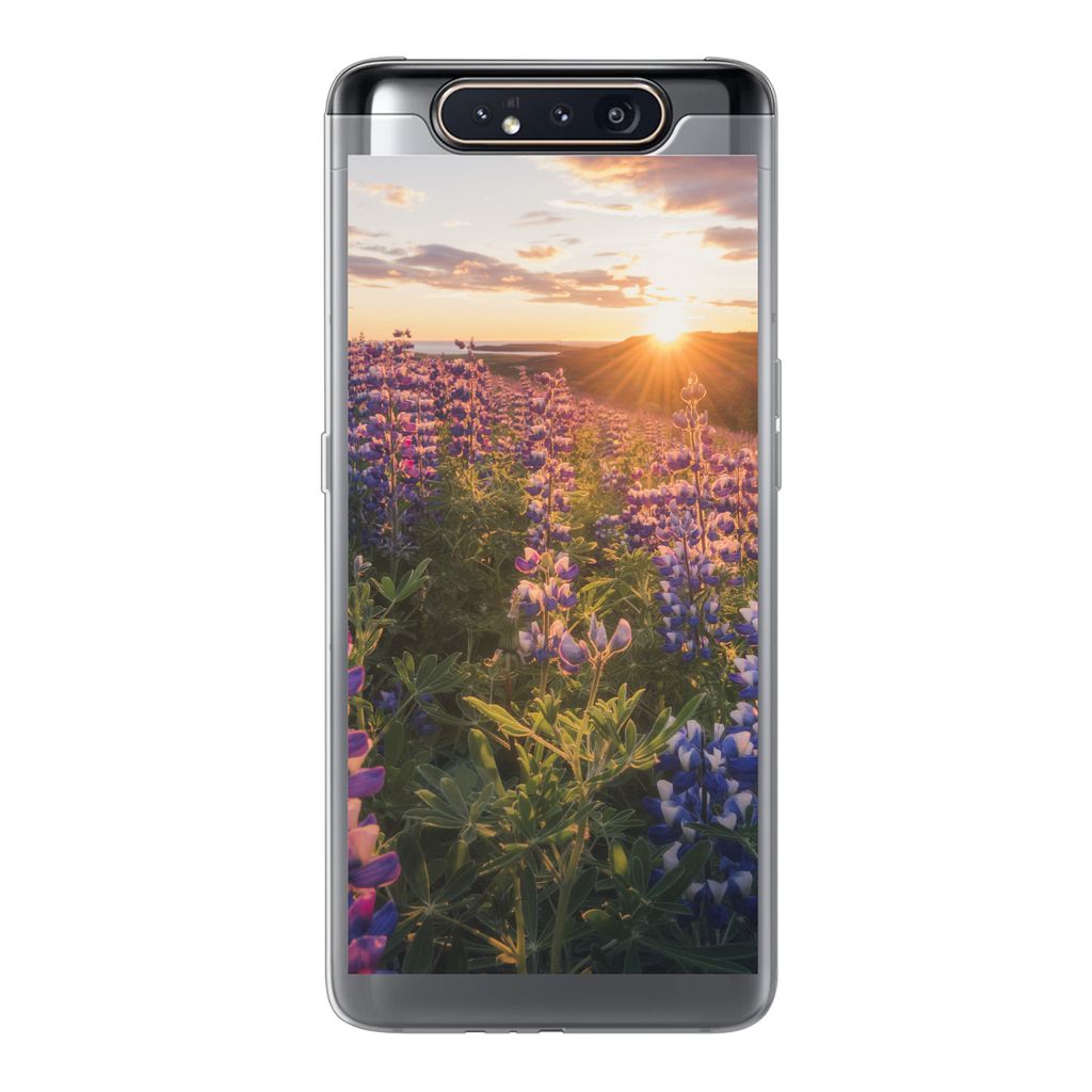 MuchoWow Handyhülle Schutzhülle Hülle für Samsung Galaxy A80 Lupine - Sonne - Lila Silikon Softcase Handy Hülle - Schutzdeckel