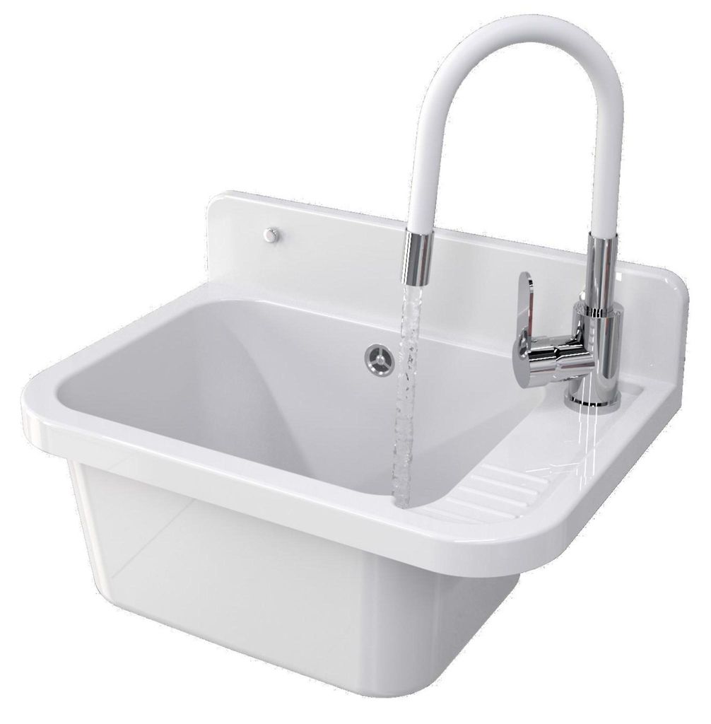 Granitan | Wirtschaftsspüle - PARON - mit Armatur - mit Siphon - Weiß - 50 x 34 cm - für Waschküche und Garage
