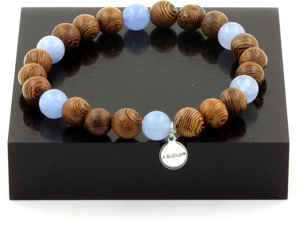 Armband aus Aquamarinperlen + Holz 8 mm