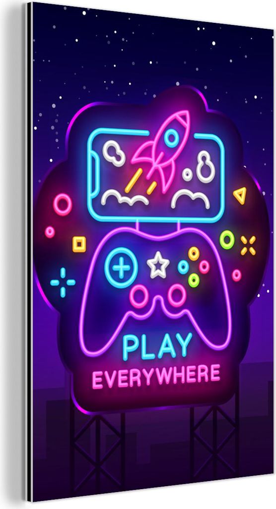 MuchoWow Wanddekoration Metall Metallbild Wandkunst 80x120 cm Gaming - Neon - Spielen - Blau - Nacht - Controller MuchoWow Aluminium Gemälde - Bilder