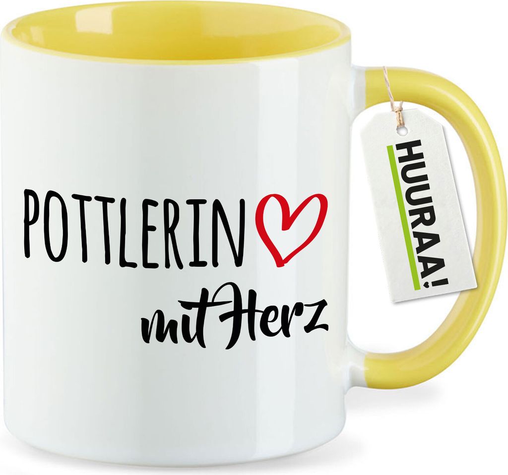 Huuraa Kaffeetasse Pottlerin mit Herz 330ml Gelb Keramik Kaffeebecher Geschenkidee