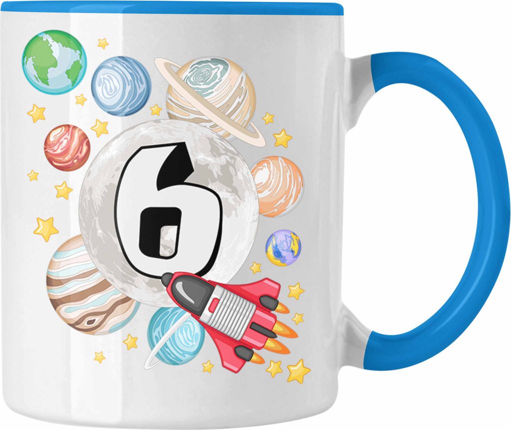 Trendation - 6. Geburtstag Tasse Geschenk Galaxy Planeten Jungs Geschenkidee 6er Geburtstag (Blau)