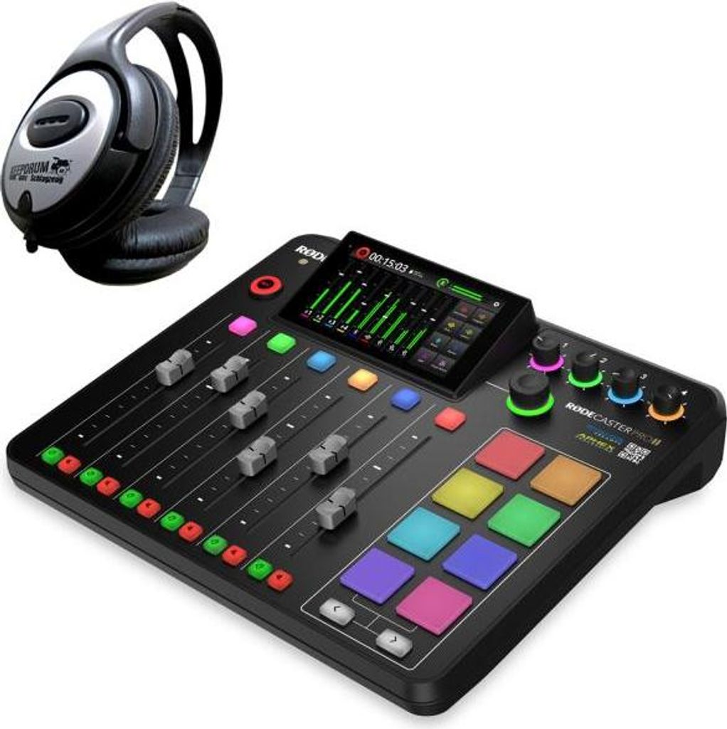Rode Rodecaster Pro II Podcast Station mit Kopfhörer