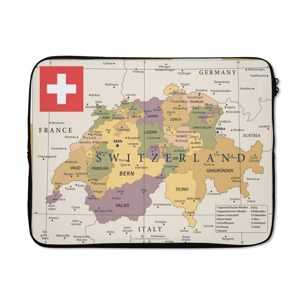 MuchoWow Laptop Hülle 15 Zoll Karte der Schweiz Laptoptasche - Laptoptasche - Sleeve - Rundum-Schutz