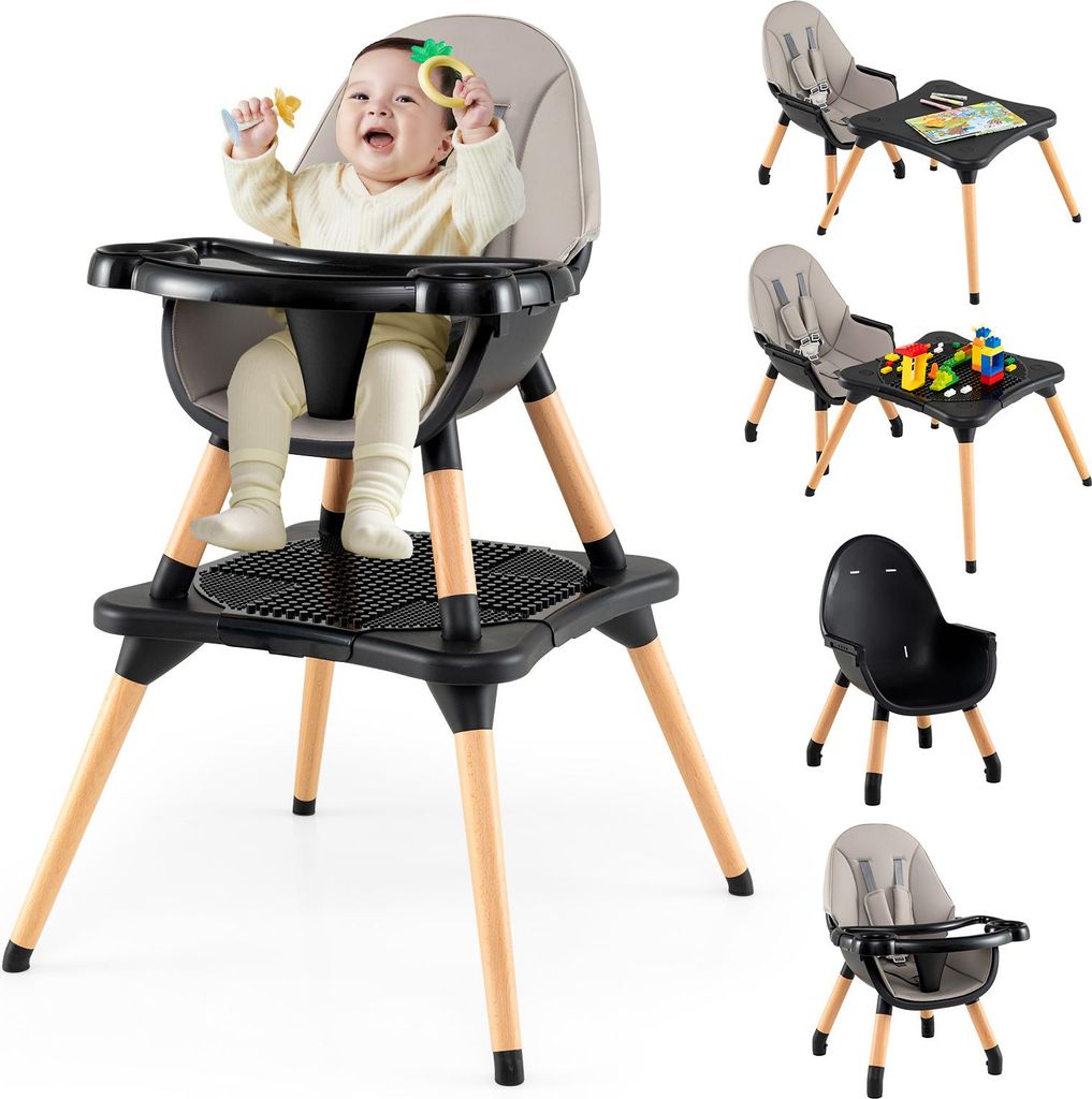 COSTWAY 6 in 1 Hochstuhl Baby, Kinderhochstuhl mit Bausteintisch, Doppeltablett, Babyhochstiuhl, Kombihochstuhl für 6-36 Monate Kinder, Schwarz