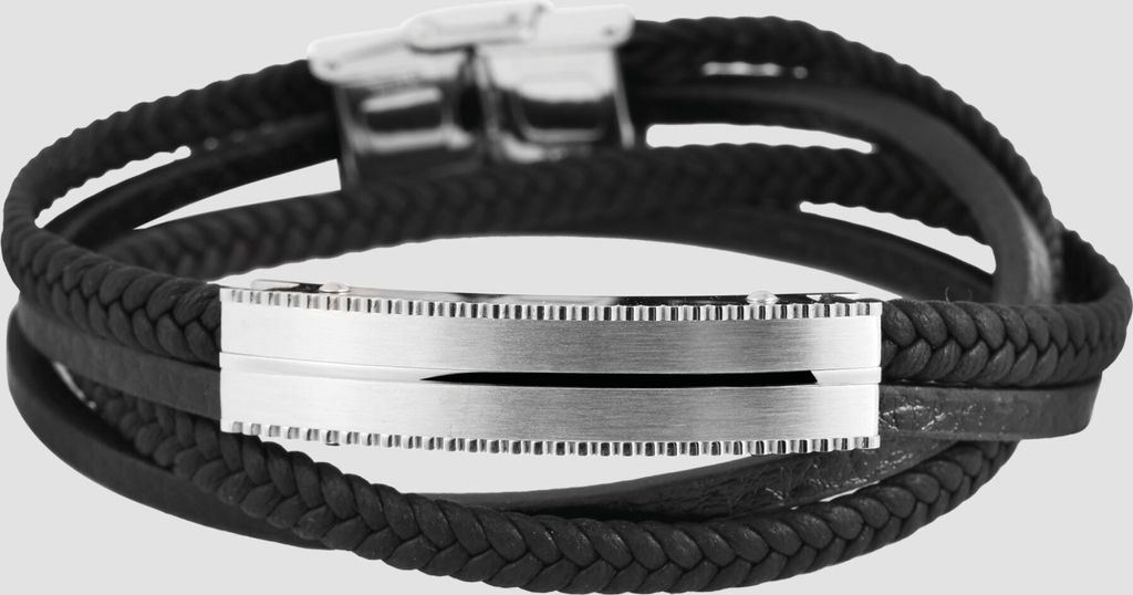 Akzent Echtleder-Wickelarmband mit Edelstahlelement, schwarz/silberfarben