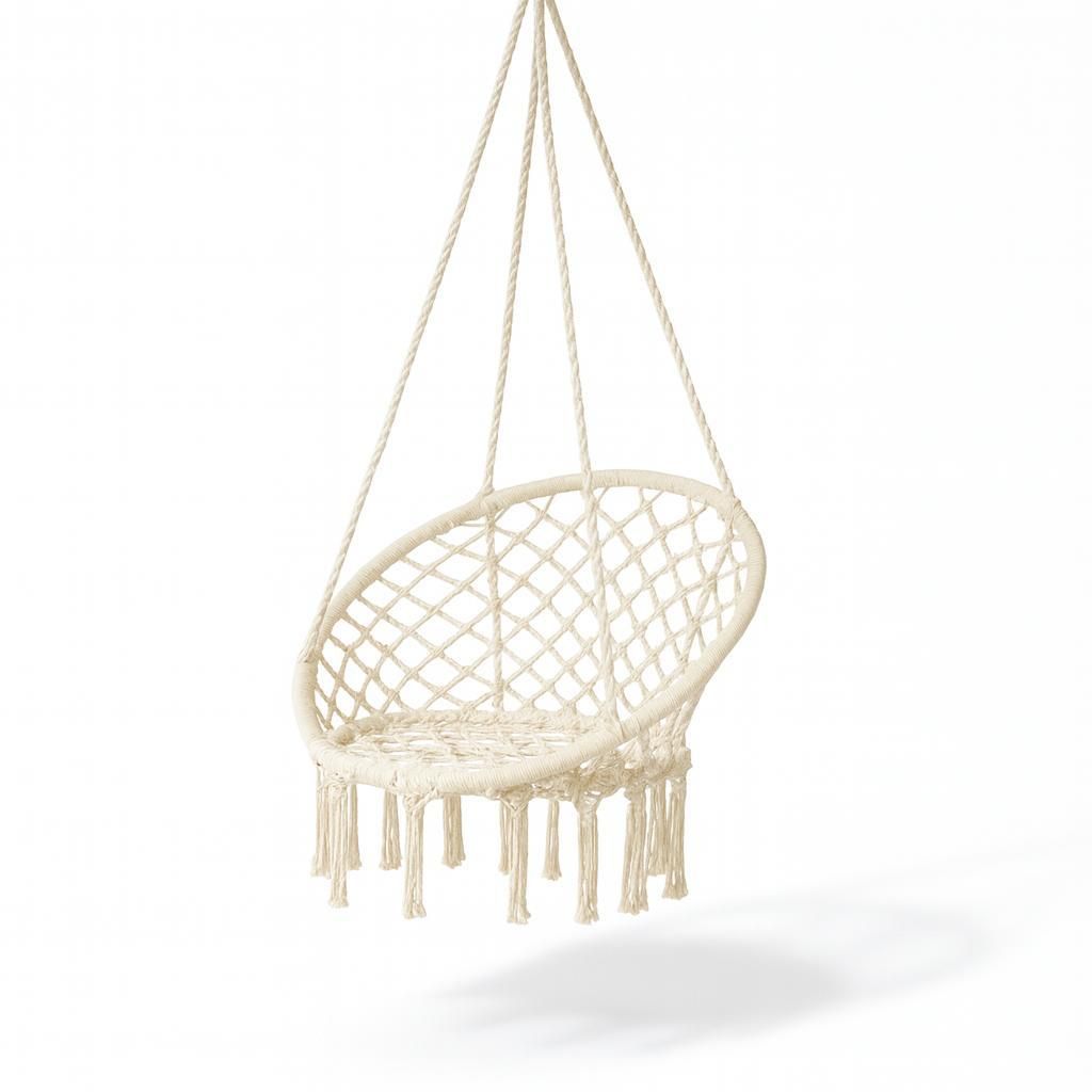 A cream-colored macrame hanging chair is suspended against a white background.