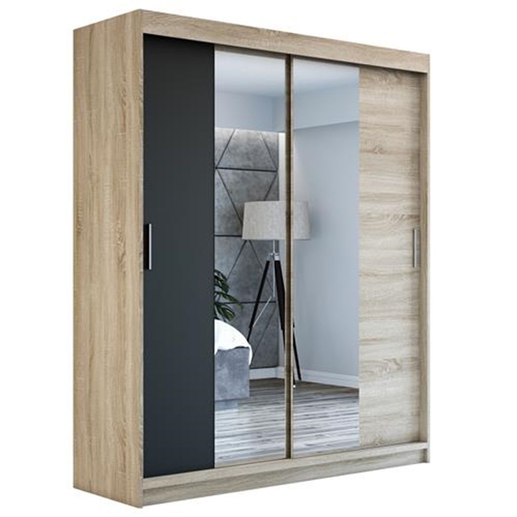 Schwebetürenschrank, 2-türig Schrank mit Spiegel, Kleiderschrank NIKO 180 Farbe: braun/schwarz/braun