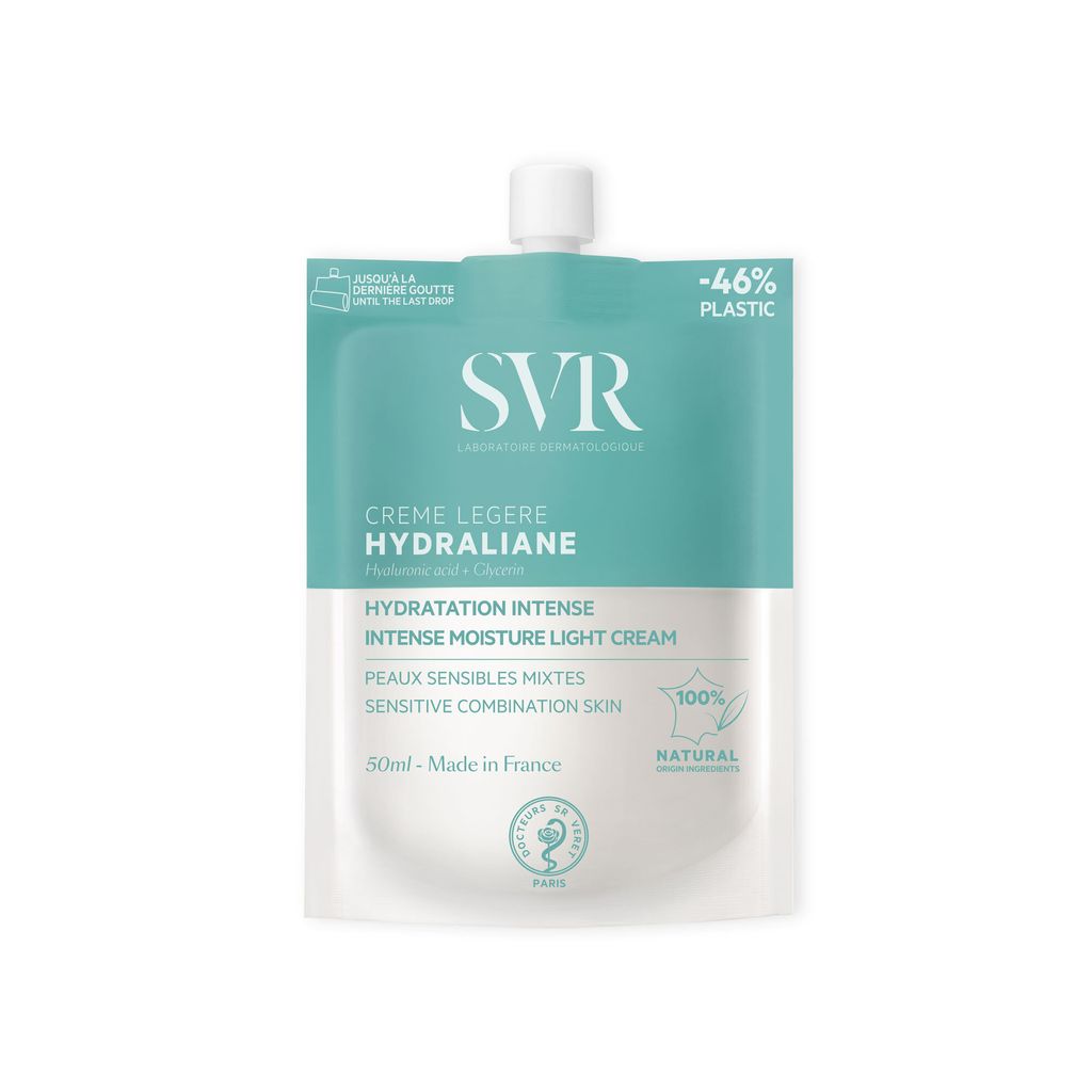 A product shot of a single pouch of SVR Hydraliane Intense Moisture Light Cream.