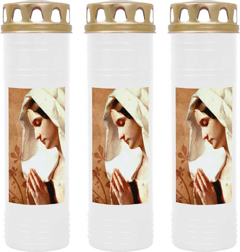 Grabkerze Weiß 3er Pack, Brenndauer: 170 Stunden ( je Kerze ), Motiv: Maria