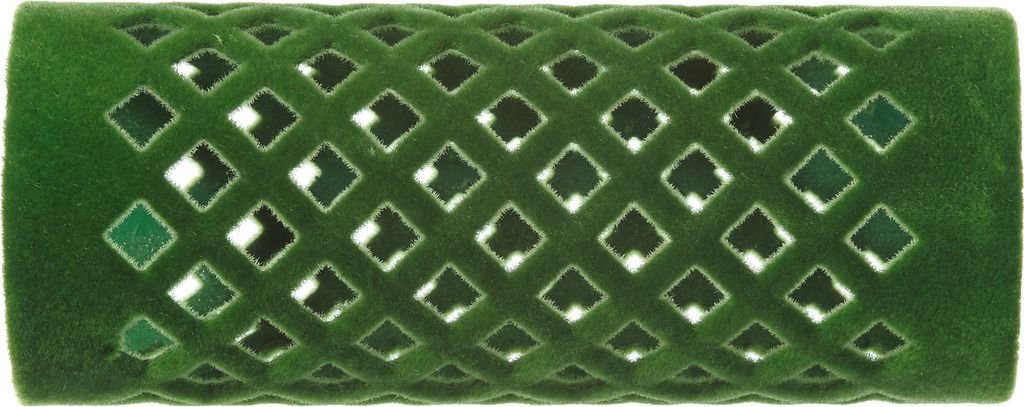 A green hair curler with a diamond-shaped cutout pattern.