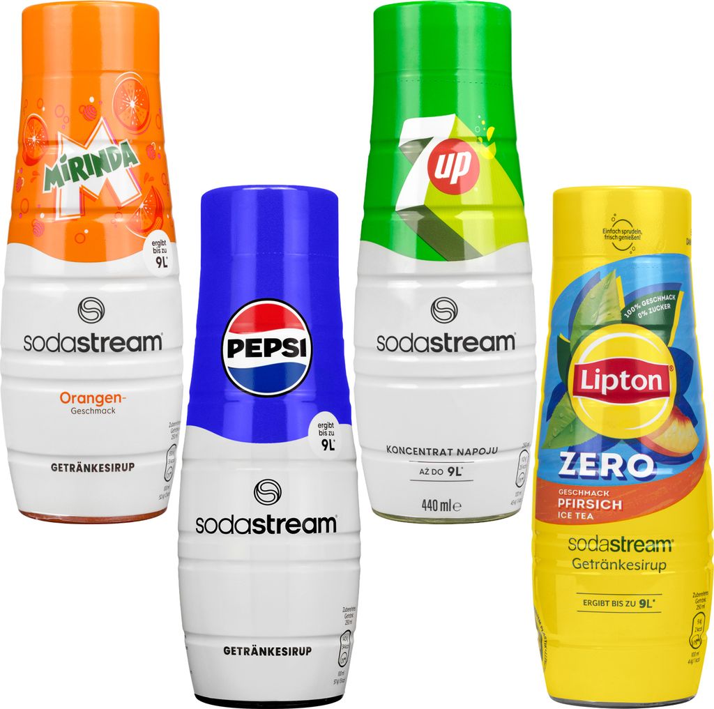 Sirup SodaStream Pepsi, Mirinda, 7UP, Lipton Ice Tea Peach Zero, 440ml, 4 Stück