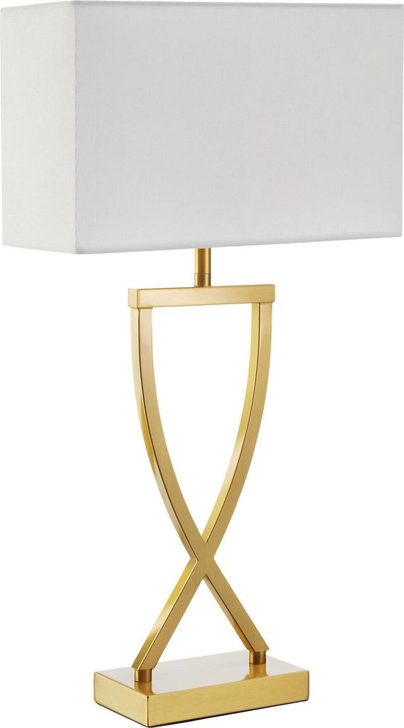 A gold table lamp with a white rectangular shade is shown against a white background.