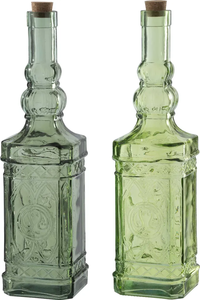 Set de 2 carafes en verre pour huile et vinaigre coloris vert et olive