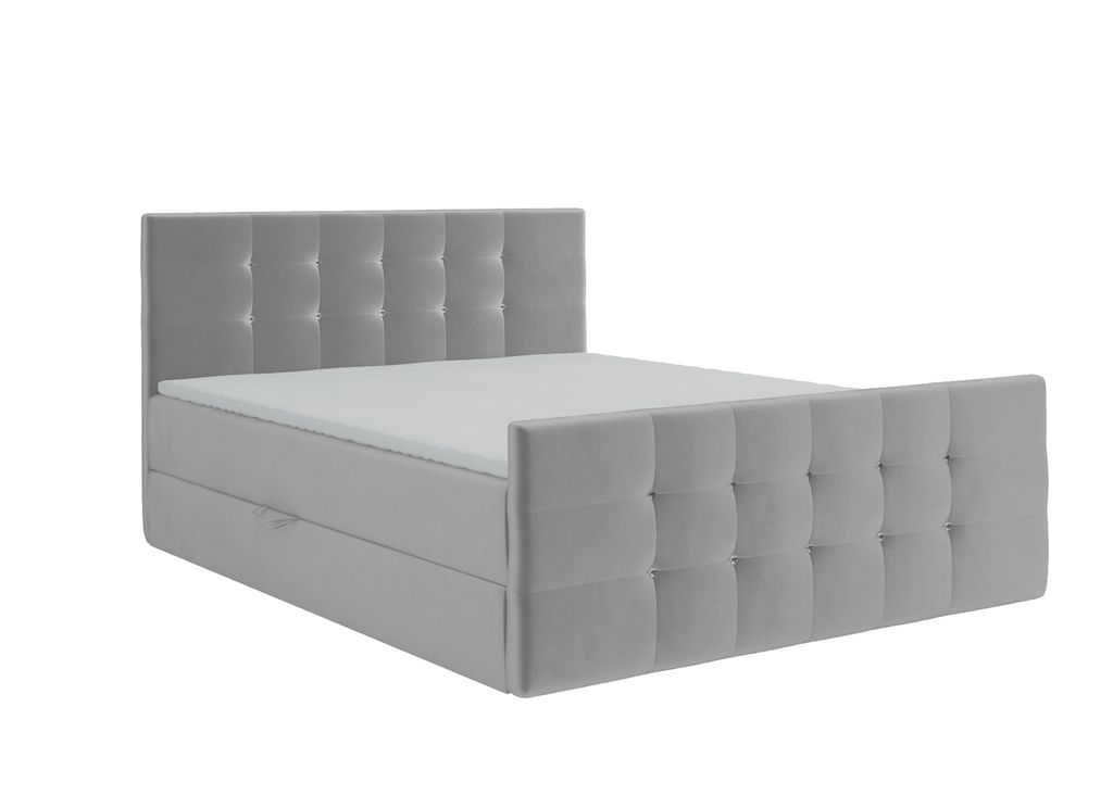 KEF Boxspringbett Polsterbett Paris Bett mit Matratze und Topper Doppelbett mit Bettkasten Bonell Matratze H3 180x200 cm Silber Tiffany