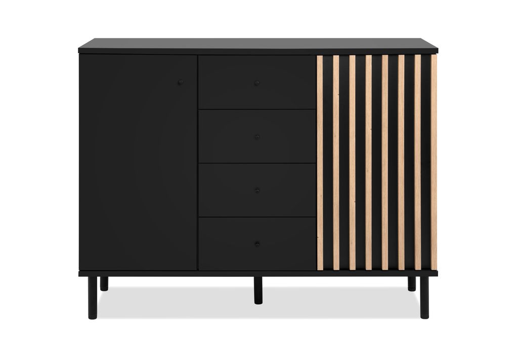 CALICOSY - Buffet 2 Portes 4 Tiroirs Noir et Bois L118 cm - Image du produit 