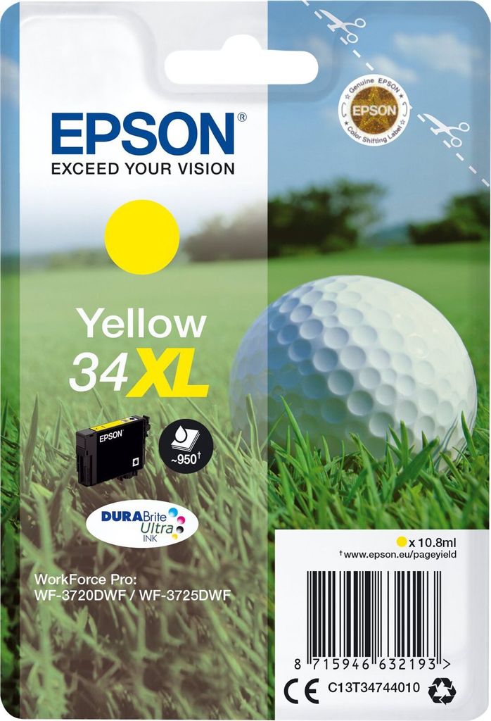 Epson Golf ball 34XL Golfball DURABrite Ultra Single Yellow Tinte, Hohe (XL-) Ausbeute, Gelb, Tinte auf Pigmentbasis, 10,8 ml, 1 Stück(e), 950 Seiten