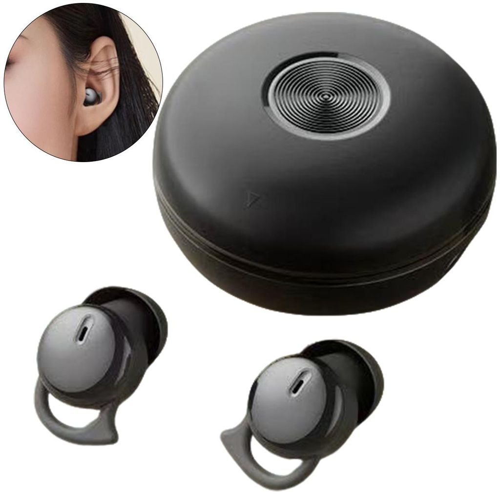 A collage of in-ear Bluetooth headphones and their charging case, with a close-up inset of a person wearing one earbud.