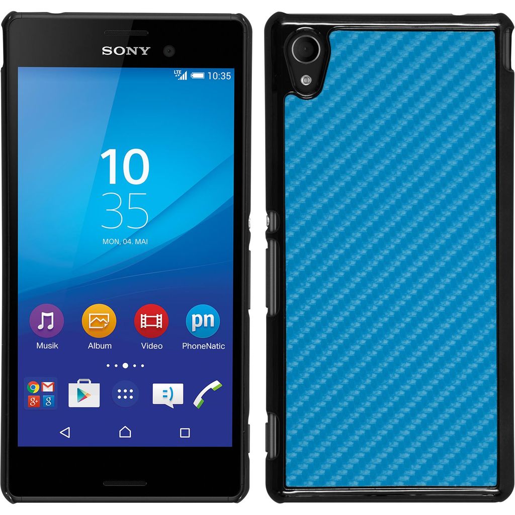 PhoneNatic Case kompatibel mit Sony Xperia M4 Aqua - Hülle blau Carbonoptik Hard-case + 2 Schutzfolien
