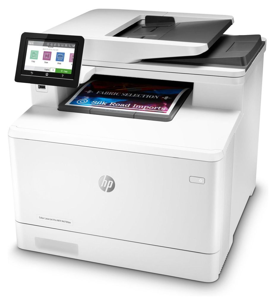 A white HP Color LaserJet Pro M479fdw multifunction printer is shown from a slightly elevated front-right angle.