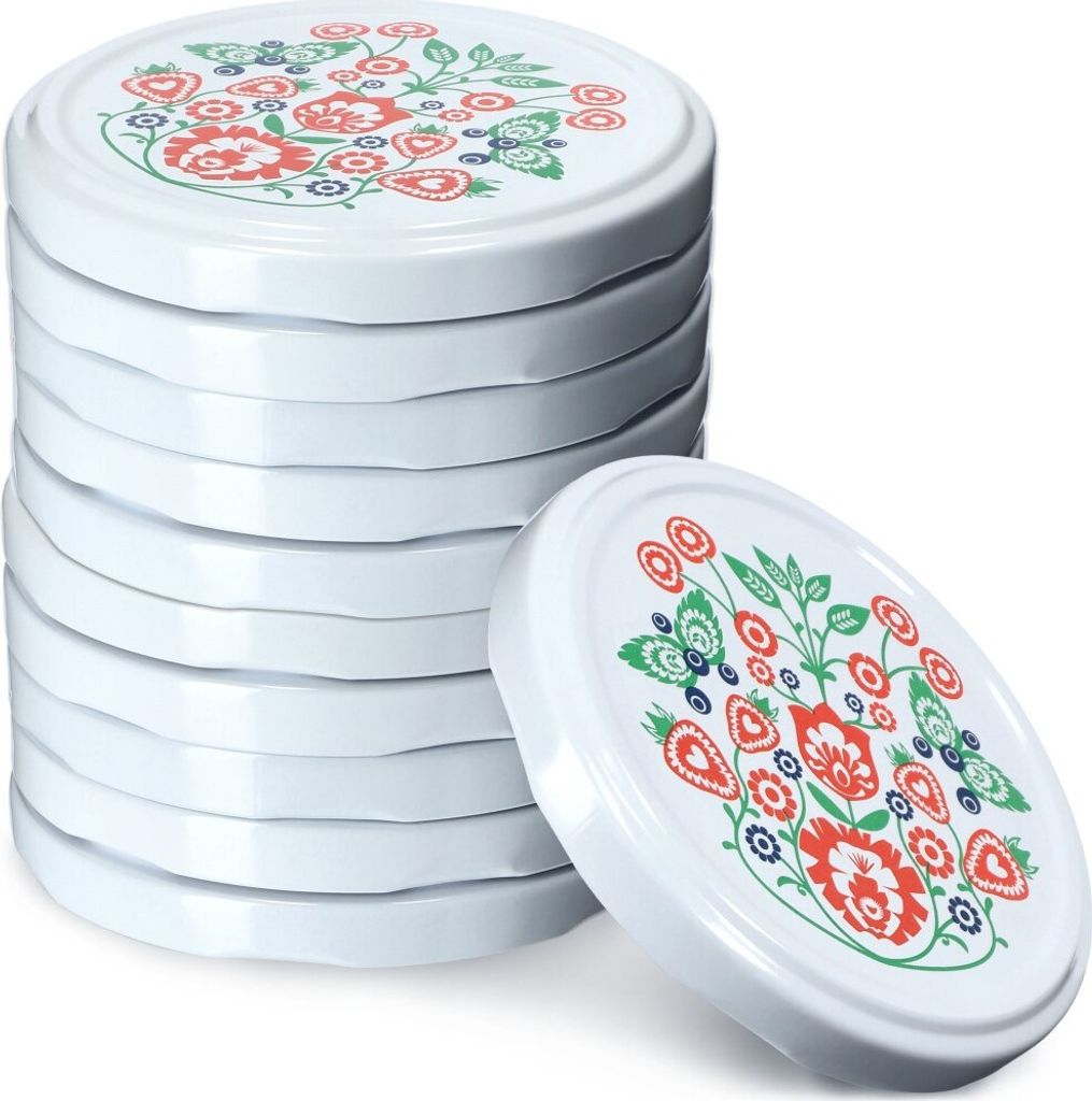 KADAX Einmach-Deckel Set aus Metall "Valsta", mit 4 Einrastzähnen, Folklore, 66 mm, 10 Stück