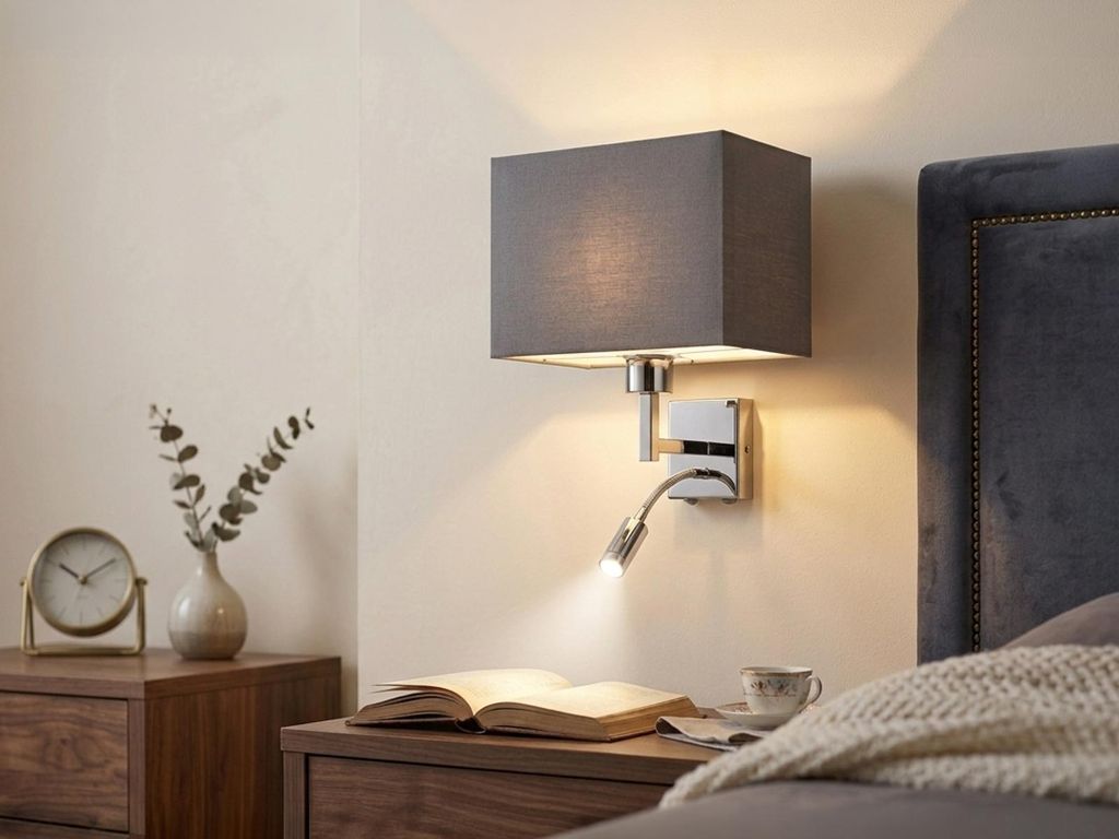 Wand-Leuchte Stoff Grau mit LED Leselampe für Bett - Nachttischlampe & Bettlampe