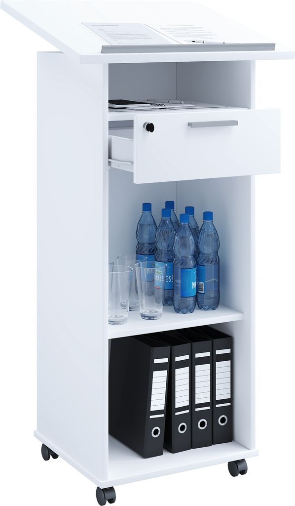 A white mobile lectern with a drawer and shelves, containing water bottles, glasses, and binders.