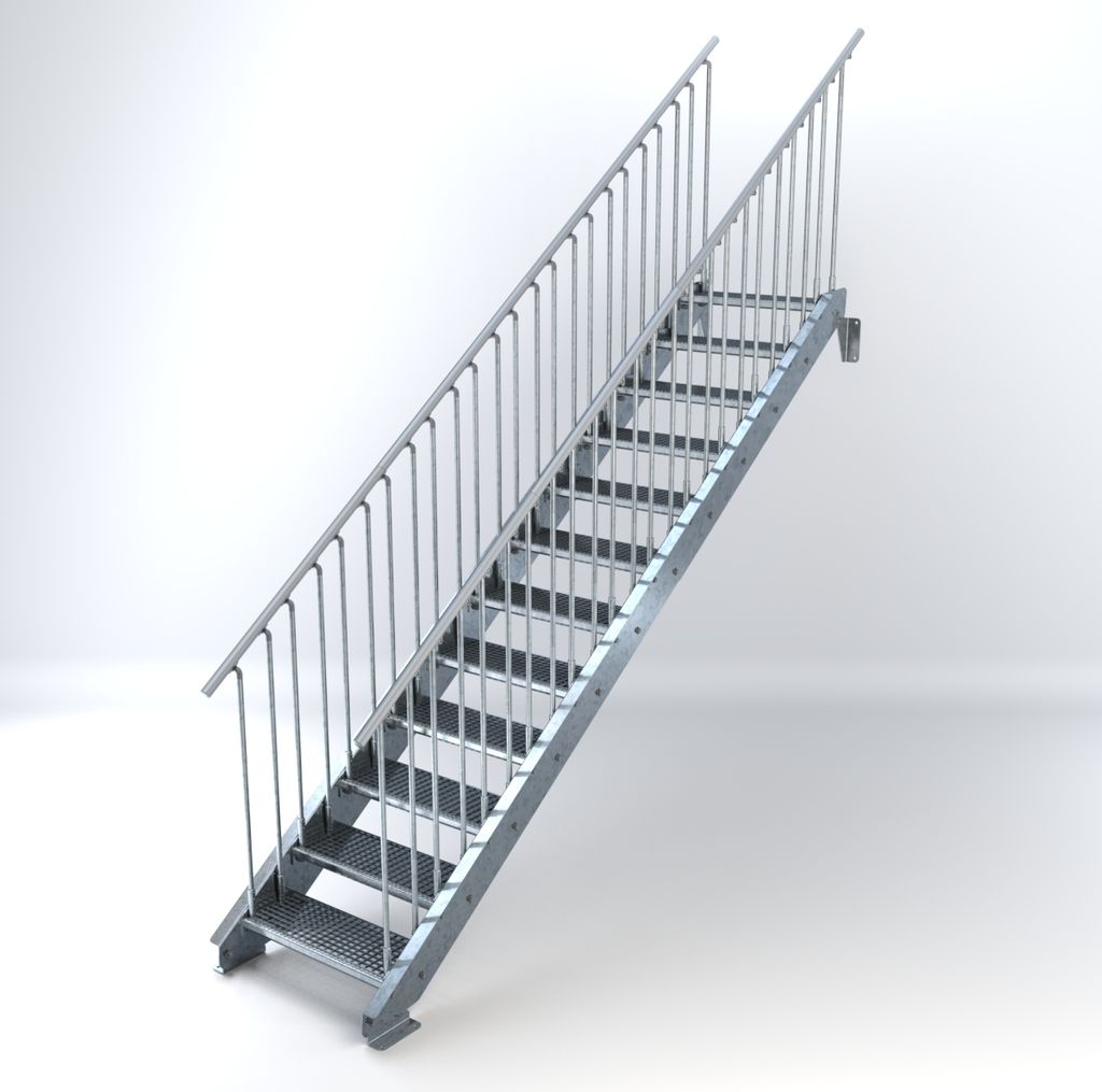 Stahltreppe 12 Stufen bis Höhe 240 cm, Laufbreite : 70 cm beidseitiges Geländer ST 3 (31 / 9 mm schmal)