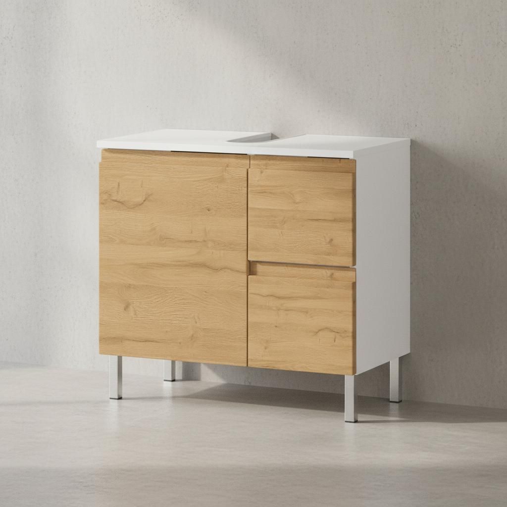WB-Unterschrank "Veer" 60x34x56 in Weiß und Grandson-Eiche mit Chromfüßen, mit Stauraum | Kadima Design