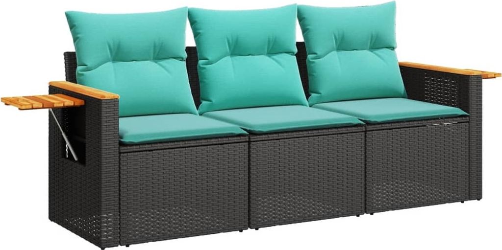 3-tlg. Garten-Sofagarnitur mit Kissen Schwarz Poly Rattan