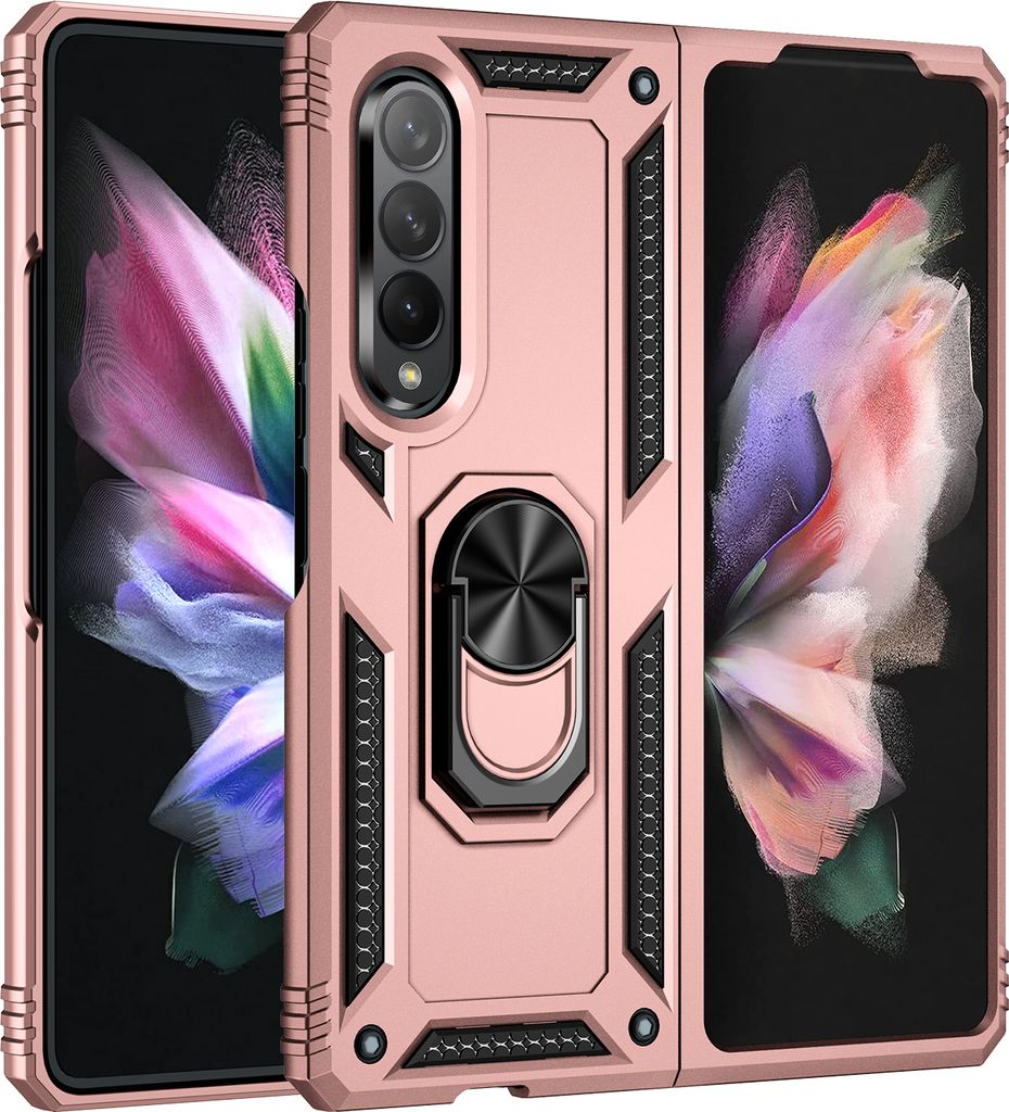 Samsung Galaxy Z Fold3 2021 Hülle, Dual Layer Militäre Fallschutz Schutzhülle mit Ringhalterung Ständer für Samsung Galaxy Z Fold 3 5G Roségold