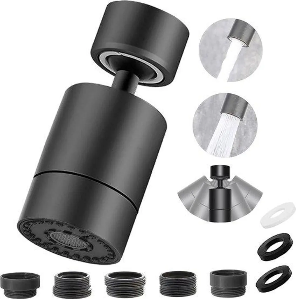 Pommeau de Robinet Rotatif pour Cuisine et Salle de Bains Coloris Noir