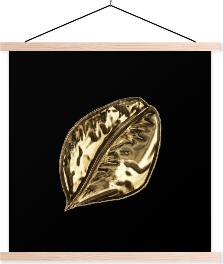 MuchoWow Textilposter Blatt - Gold - Pflanze 120x120 cm mit holzfarbenen Rahmen - Textil-Poster