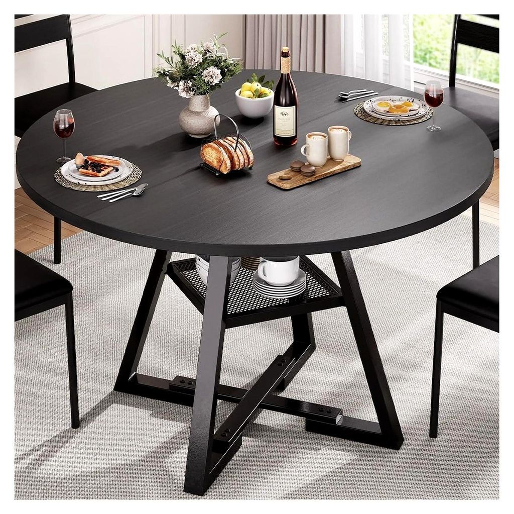 Runder Esstisch für 2–4 Personen, Esszimmertisch mit Ablage, platzsparender Küchentisch aus Holz im Industrial Design (Schwarz, 107x107x76cm)