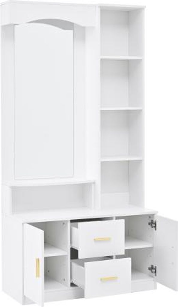 90x40x180cm Weiss Vitrine Multifunktionale Flur Diele Mit Stauraum Schraenke Mit Schuhschrank Spiegel 2 Schubladen 2 Schraenke Kommode Mit Regal