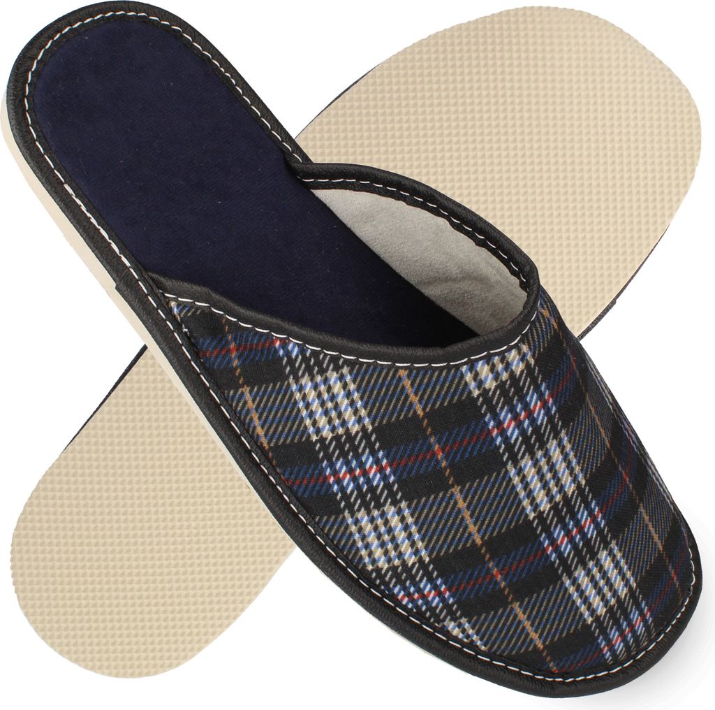 filsko Vejen Herren Hausschuhe Samt Hausschuhe braun blau kariert Pantoffeln Slip-On Open-Toe