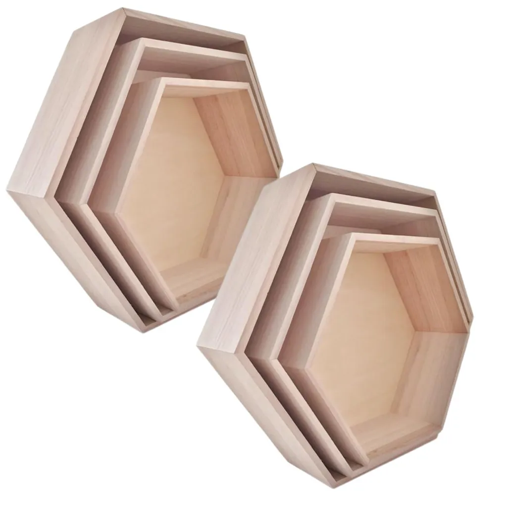 Lot de 2 étagères hexagonales en bois naturel 30-40 cm Style Scandinave