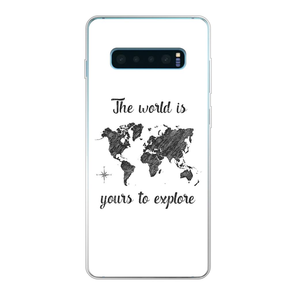 MuchoWow Handyhülle Schutzhülle Hülle für Samsung Galaxy S10 Plus Weltkarte - Schwarz - Sprichwörter Silikon Softcase Handy Hülle - Schutzh...