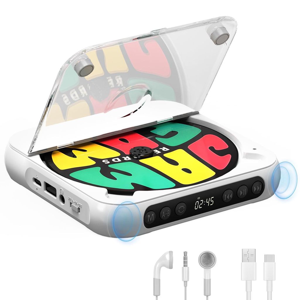 Tragbarer CD-Player mit BT 5.3, 2000mAh, Lautsprecher, LCD, USB/AUX/WDH