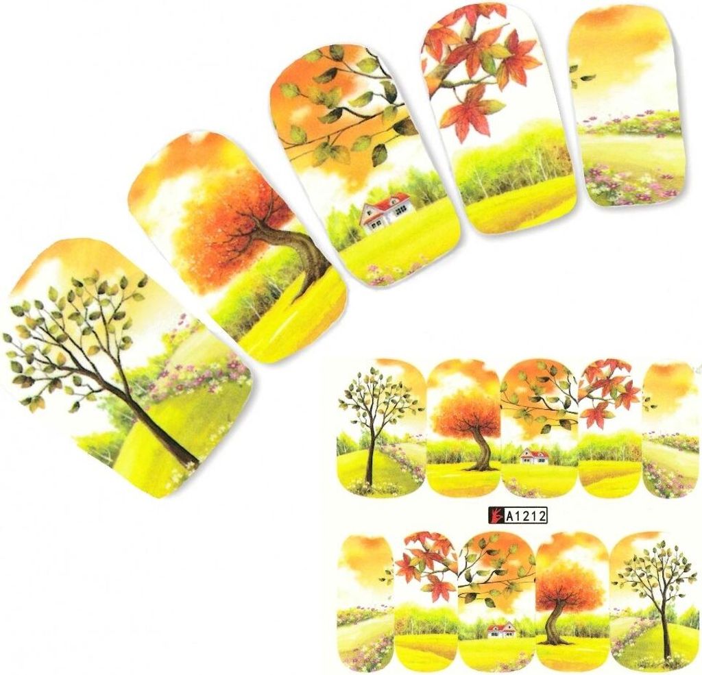 Tattoo Nail Art Aufkleber Bunte Blätter Bäume Wiese Nagel Sticker